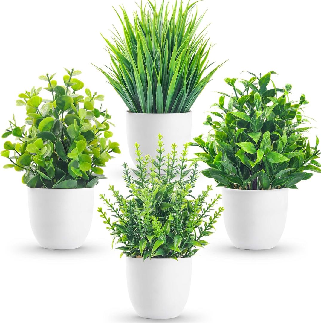 Miracliy 4 Pack Fake Plants Small Artificial Faux Plants Indoor for Home Office Farmhouse Bathroom Decor (Green)