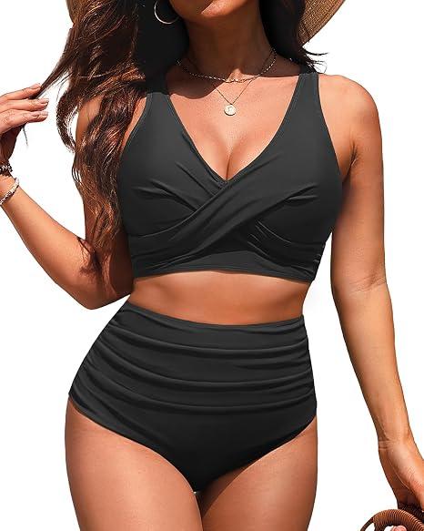 Yonique Women High Waisted 2 Piece Bikini Set Tummy Control Full Coverage | Removable Cups, Smoothing Gathered Midsection, Figure-Flattering Front Ruching, and a Stylish V-neck Wrap Top, L