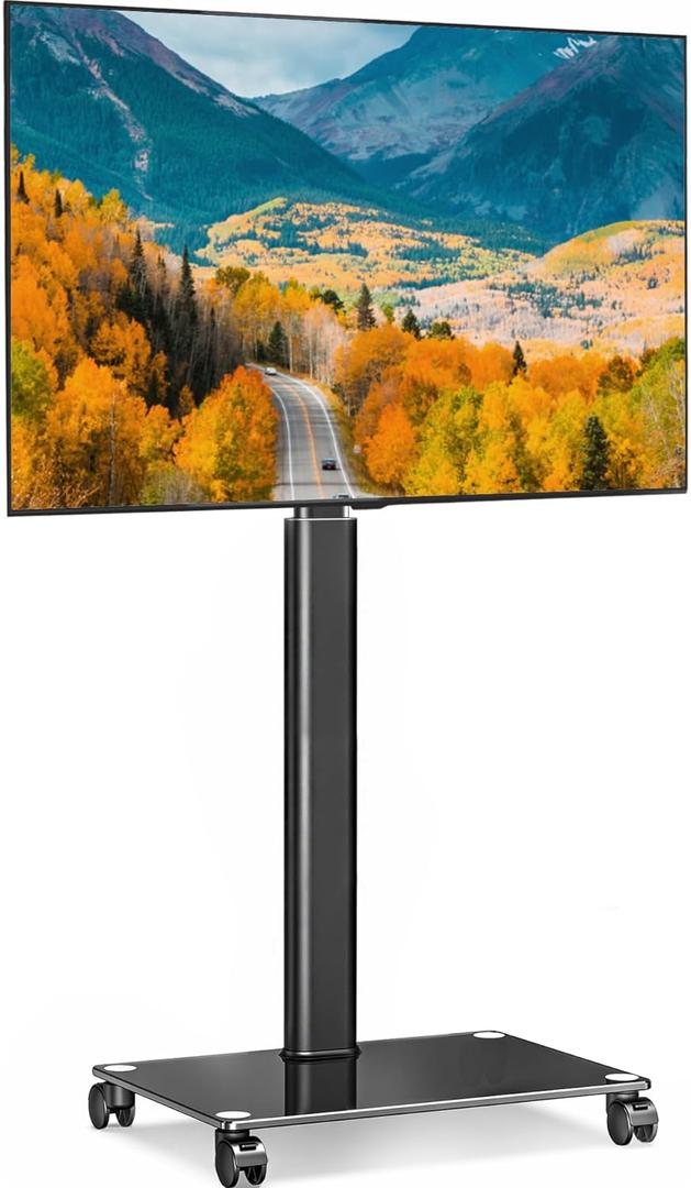 FITUEYES Mobile TV Stand with Wheels for 32-65Inch TV Screens, Rolling Floor Stand with Mount, Black Tempered Glass Base & Wire Management, Holds 66 lbs