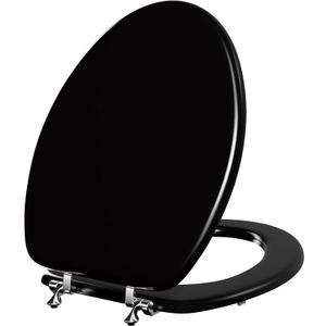 Deewow Black Elongated Toilet Seat, Heavy Duty Wood Toilet Seat with Baked Enamel Process, Suppor 400 lbs, Wooden Oval Toilet Lid with Chrome Hinges, Grip-Tight Bumpers, Easy Clean and Easy to Install