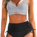 Aqua Eve Women High Waisted Bikini Twist Front Swimsuits Lace up Bikini Tops Ruched Push up 2 Piece Bathing Suits (Medium, Black and Stripe)