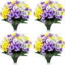 Zeyune 50 Bundles Artificial Flowers Outdoor UV Resistant Faux Silk Pansy Flowers Bulk Plastic Fake Plants for Home Wedding Kitchen Garden Table Centerpieces Summer Decor, Purple, Yellow, White