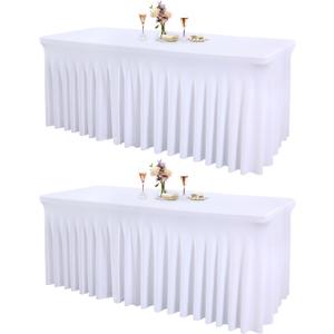 2 Packs White Spandex Table clothes for 6 Foot Rectangle Tables, Wrinkle Free 6ft Fitted Table Cover Stretch Table Cloth Desk Skirt for Weddings Baby Shower Birthday Party Banquet Decorations