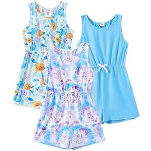 PATPAT Girls 3 Pack Rompers 10- 11 Years Floral Summer Rompers Elastic Waist Sleeveless Jumpsuits Cute Outfits