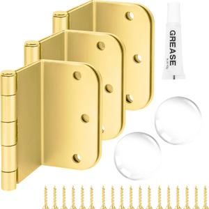 3-Pack Offset Door Hinges, Brushed Brass Door Hinges 3.5 Inch 5/8" Radius Corner for Handicap, Swing Clear for Exterior & Interior with Wall Handle Stopper & Grease, Bright Gold Interior Hardware