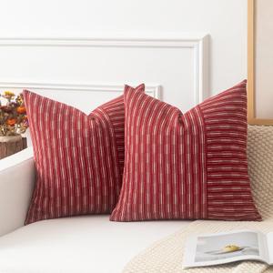Kevin Textile Valentines Wine Red and Beige Farmhouse Striped Patchwork Linen Decorative Throw Pillows Covers 18x18, Set of 2, Modern Accent Square Cushion Covers for Couch Chair Bedroom