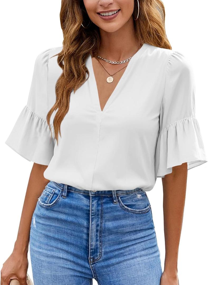 Bingerlily Womens Summer V Neck Blouses Tops Chiffon Ruffle Short Sleeve Shirs White