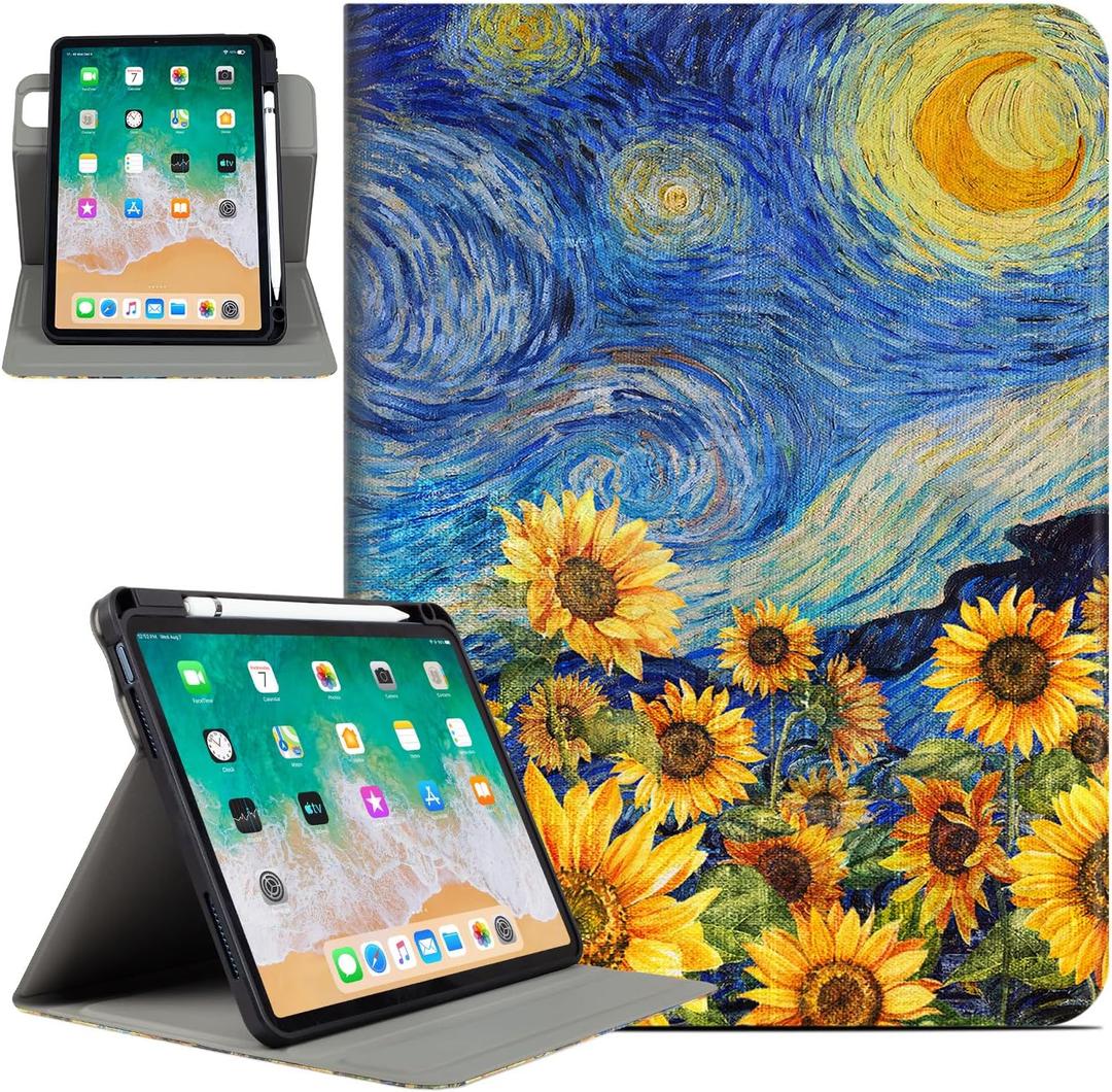 Rotating Case for iPad (A16) 11th Generation, iPad 10th Generation Case with Pencil Holder 360 Swivel ipad a16 10th/11th case Multi-Angle View Adjustable Stand Auto Wake Sleep, Starry Night Sunflowers