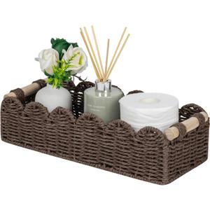 CubesLand Paper Rope Scalloped Edge Shelves Storage Basket, Woven Toilet Paper Baskets for Over Toilet Storage Shelf, Ending Table, Floating Shelves Organizing or Home Dcor, with Wood Handle, Brown (M - 14"L x 6.3"W x 3.9"H)
