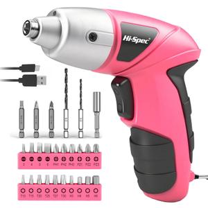 Hi-Spec Electric Screwdriver 27pc 3.6V Pink USB Small Power Screwdriver Set. Cordless & Rechargeable with Driver Bit Set
