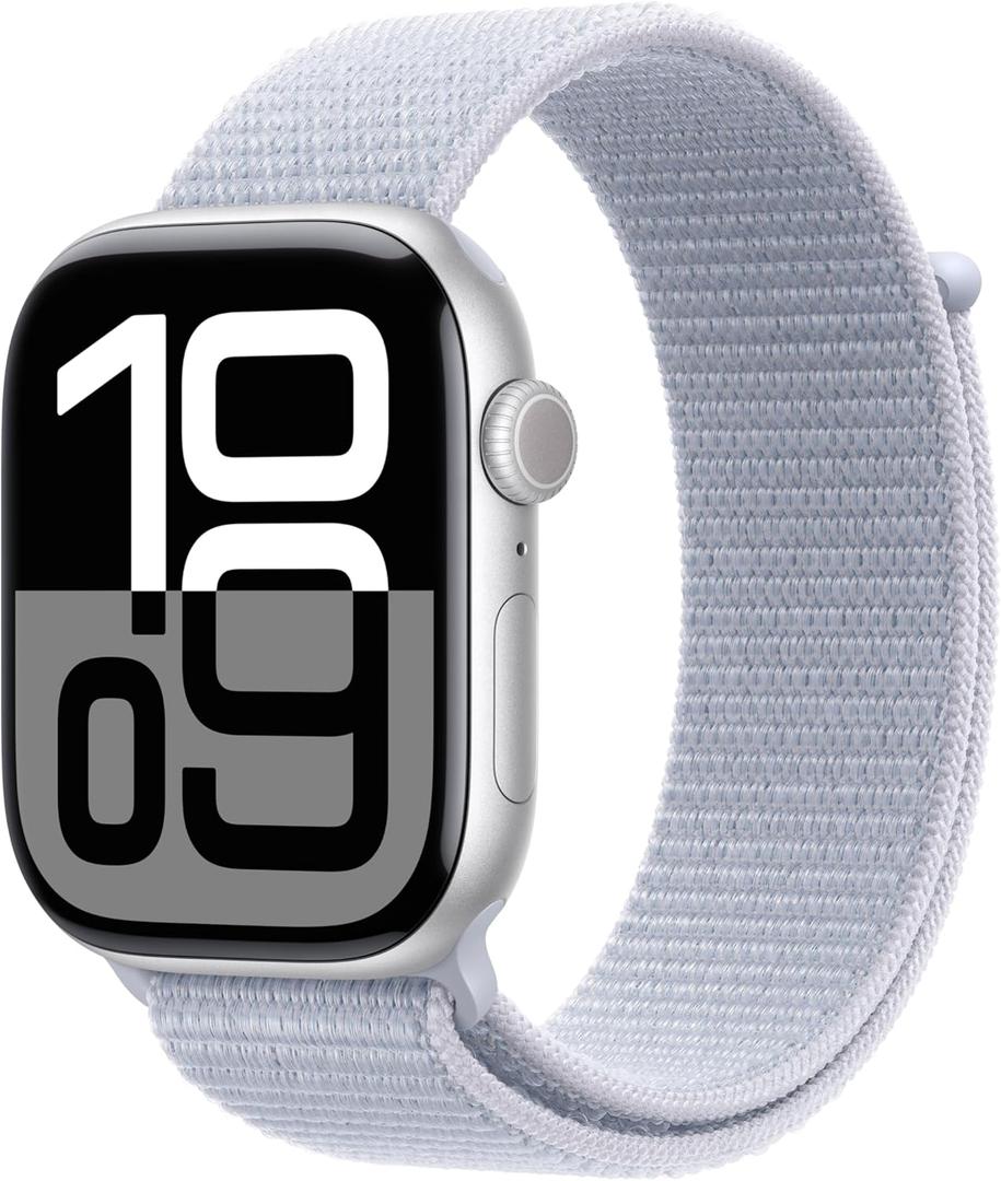 Apple Watch Series 10 [GPS 46mm case] Smartwatch with Silver Aluminum Case with Blue Cloud Sport Loop. Fitness Tracker, ECG App, Always-On Retina Display, Carbon Neutral (46mm case + Medium/Large band)