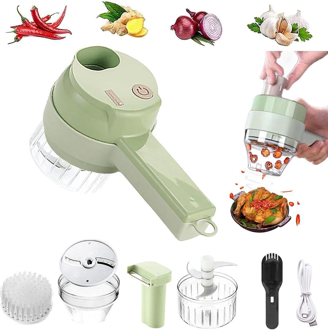 4 in 1 Handheld Electric Vegetable Cutter Set, Multifunctional Mini Electric Grinder Garlic Mud Masher Chopper, Portable Food Processor with Brush, for Garlic Chili Onion Ginger Celery Meat
