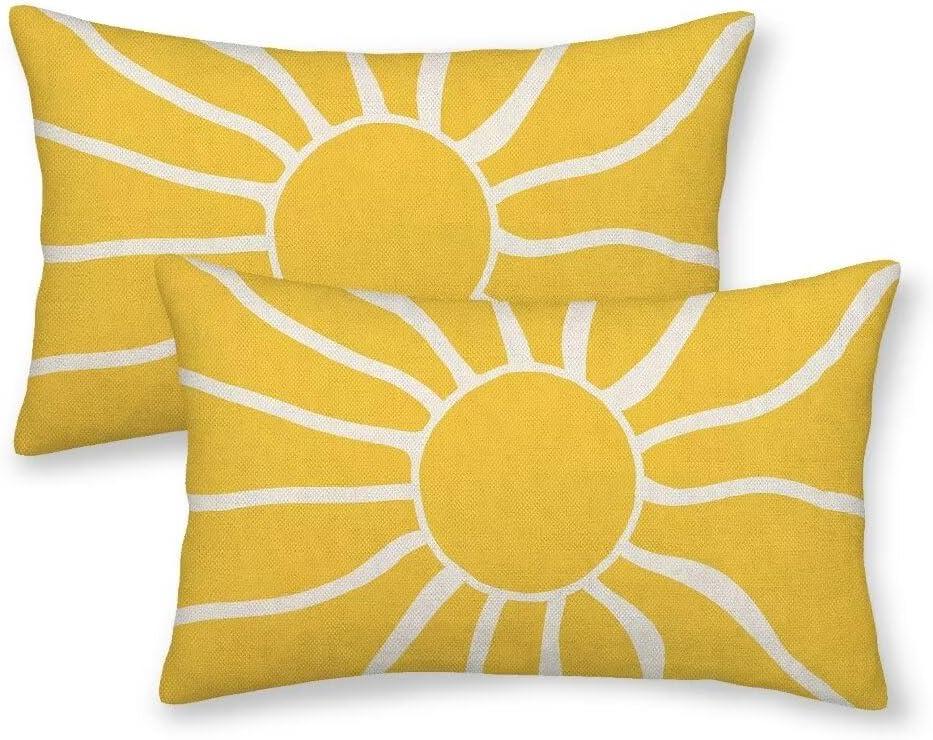 Summer Pillow Covers 12x20 Set of 2, Yellow Sunshine Decorative Outdoor Throw Pillow Covers Modern Farmhouse Cushion Case Linen Square for Home Couch Sofa