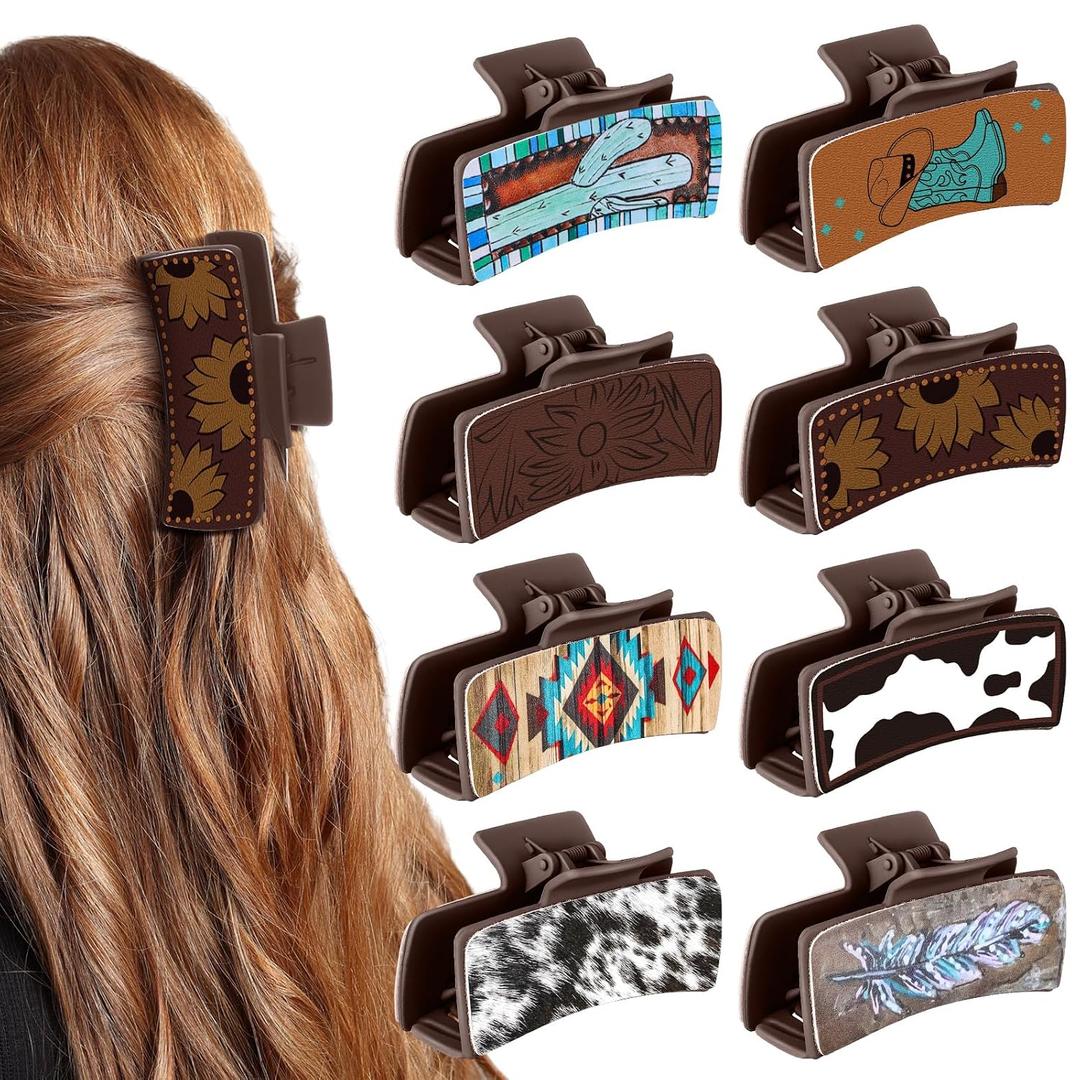 8 Pcs Western Hair Claw Clips Bulk Cow Print Highland Cattle Hair Accessories Leather Claw Clips Western Cowgirl Accessories Gifts for Girls Women Country Mother's Day Teacher Gift