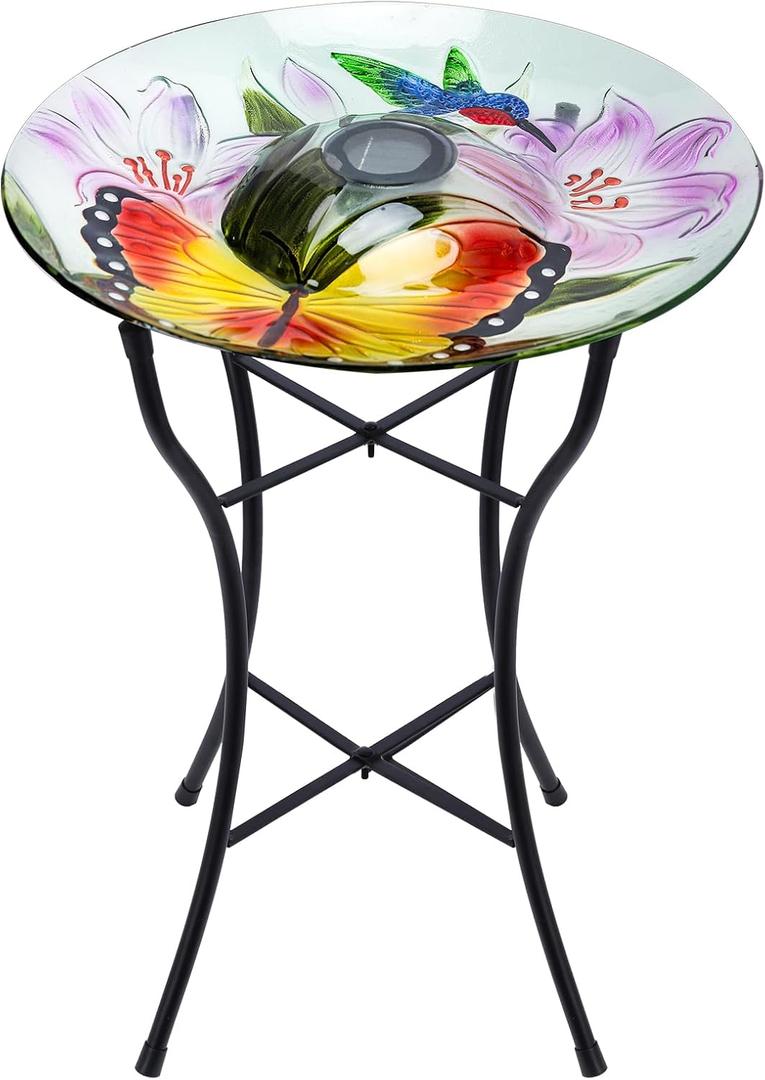 MUMTOP Glass Bird Baths for Outside, 16 Inch Width Outdoor Garden Hummingbird Butterfly Bird Bath Bowl with Solar Light and Metal Stand, Large Glass Birdbath Bird Feeder for Yard Decor, 20 Inch Height (Orange-Green)