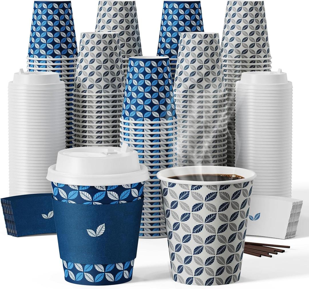 JOLLY CHEF 100 Pack 10 oz Disposable Coffee Cups, Hot Paper Coffee Cups with Lids, Sleeves and Stirrers for Home, Office, Cafe (Blue Leaf and Grey Leaf)