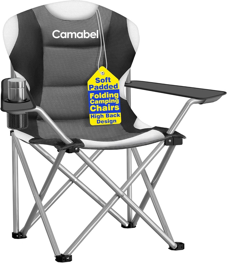 Camabel Folding Camping Chairs Oversized Heavy Duty Padded 400 LBS Beach Chair Portable Outdoor Lawn Chairs with Cup Holder Carry Bag for Sporting Hiking Picnics Fishing Grey