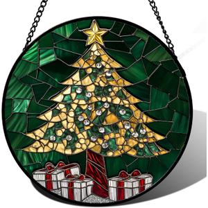 Stained Glass Window Hanging - Golden Christmas Tree Suncatcher for Doors Home Christmas Decoration Winter Sun Catcher Thanksgiving New Year Birthday Gifts for Women Men Mom Nana Girl 9.8 in (Green and Gold)