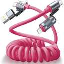 Vexipia 4-in-1 Coiled USB C Cable for Car 5FT [60W Fast Charging] Compatible with Lightning Cable [CarPlay & Android Auto] Multi Charger Cord Combo with L/Type C/USB A Ports for iPhone/iPad (Pink)