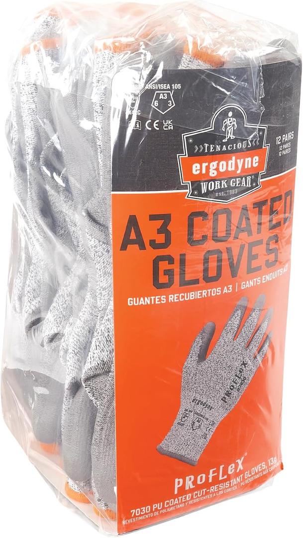 Ergodyne ProFlex 7030 Cut Resistant Work Gloves, ANSI A3, PU Coated Palms for Flexible No Slip Grip, Abrasion Resistant, 13g, 12-Pairs (Medium 12-Pack, Gray)