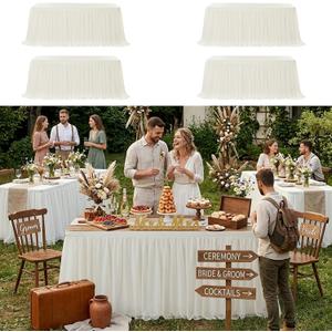 CO-AVE 4pack Ivory Tulle Tablecloth for 6ft Rectangular Tables, 2-in-1 Elastic Stretch Spandex Cover with Tutu Ruffle Skirt, Wrinkle Free for Wedding, Birthday, Banquet, Buffet, Bridal Shower