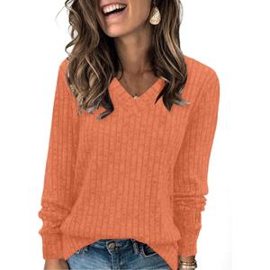 Sampeel V Neck Long Sleeve Shirts for Women Casual Fall Tops Lightweight Tunic Sweaters Fashion Clothes Loose Fit 2025 (Orange, XXL)