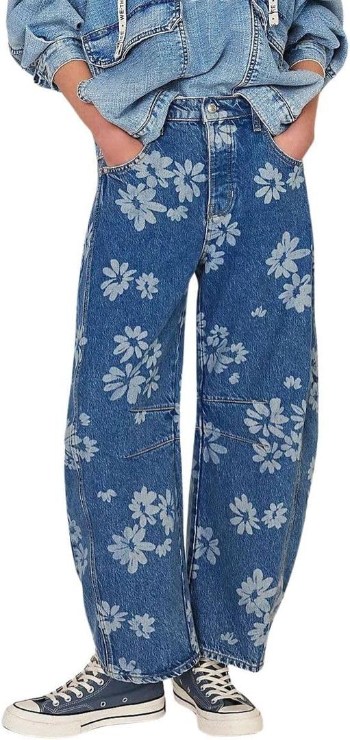 chouyatou Women's Y2k Baggy Wide Leg Denim Pants Boho Floral Printed Boyfriend Barrel Jeans with Pockets (X-Large, Flower)
