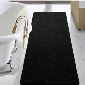 LOCHAS Luxury Bathroom Rug Shaggy Bath Mat 24 x 60 Inch, Washable Non Slip Bath Rugs for Bathroom Shower, Soft Plush Chenille Absorbent Carpets Mats, Black