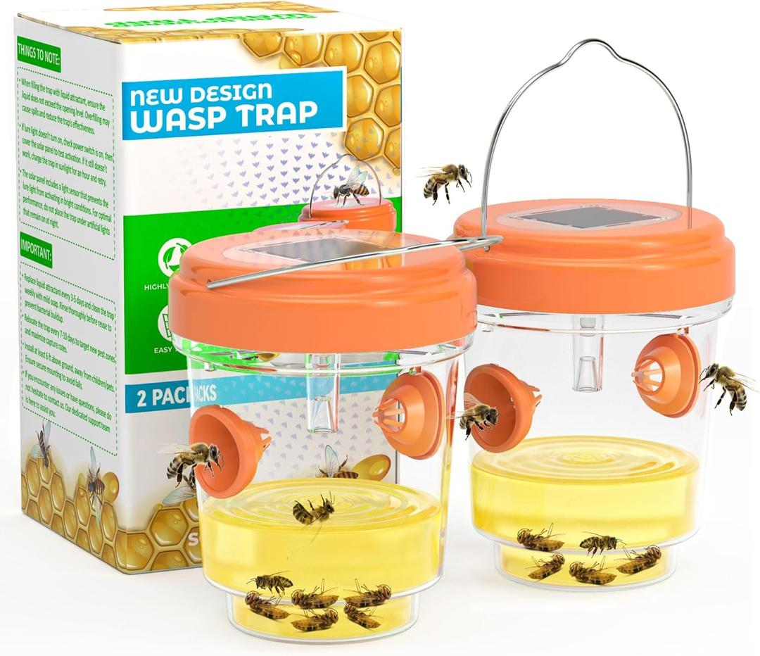 2 Pack Wasp Traps Outdoor Hanging, Solar Powered Carpenter Bee Traps for Outside with Rubber Whiskers and LED Light, Yellow Jacket Trap for Orchard, Farm, Garden, Patio, Yard, Clear Orange
