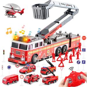 deAO Fire Truck Toys for Boys with Lights and Sounds,RC Remote Control Firetruck with Fodable 360 Rotating Ladder,Pull Back Vehicles Toys Gifts for 3 4 5 6 Boys Girls Kids (Classic Edition)