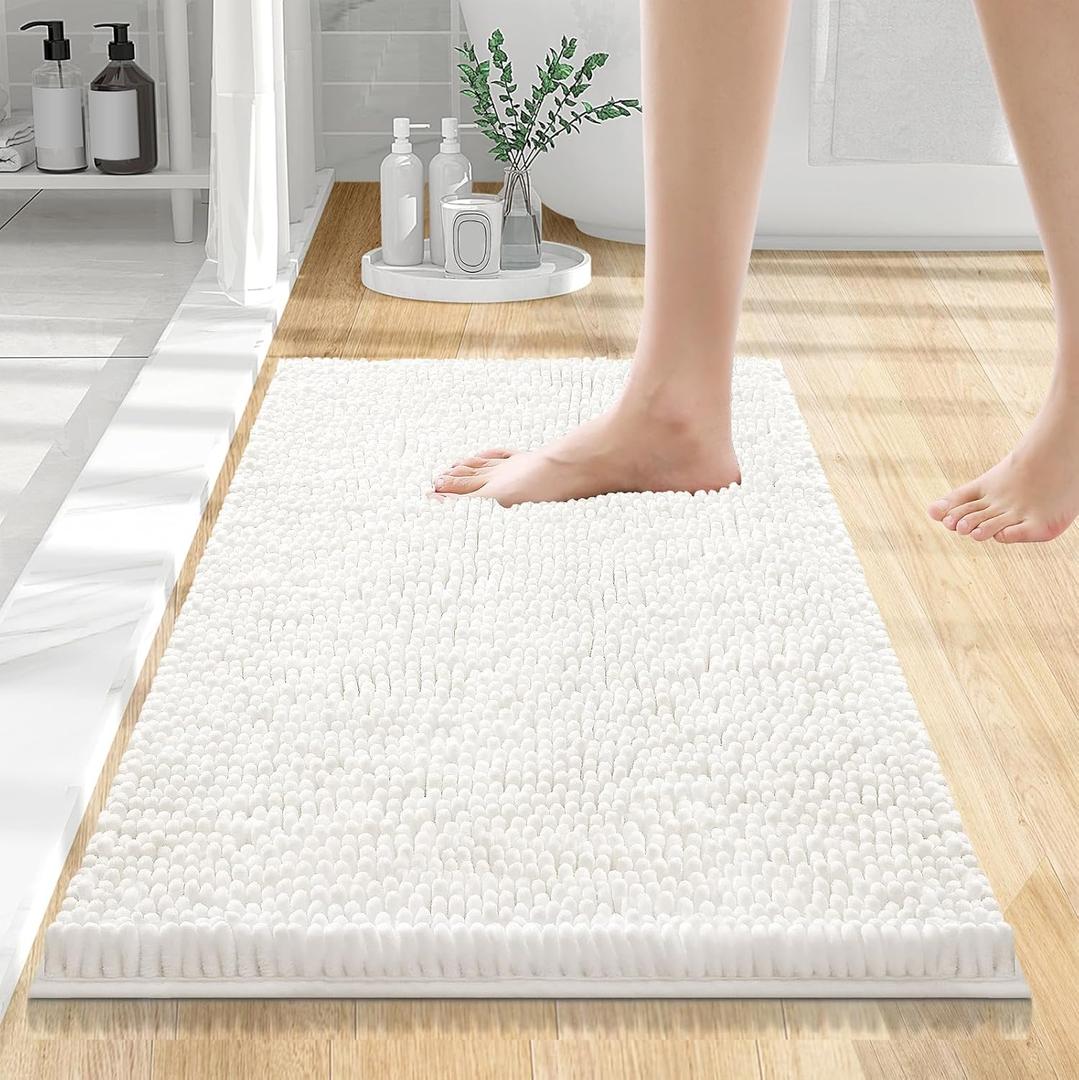 Smiry Luxury Chenille Bathroom Rugs 24x16, Extra Soft and Absorbent Shaggy Bath Mat, Machine Washable, Non-Slip Plush Carpet Runner for Tub, Shower, and Floor, Home Decor Accessories, Ivory