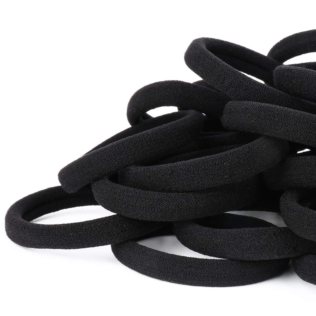 50PCS Black Hair Ties for Women, Cotton Seamless Hair Bands, Elastic Ponytail Holders, No Damage for Thick Hair, 2 Inch in Diameter, by Qarwayoc