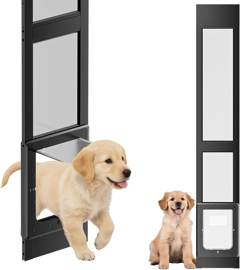 Dog Door for Sliding Glass Door, Magnetic Plastic Flap, Adjustable Height, No-Cut Insert with Lock, Ideal for Renters, Apartments, Patio Black M, Medium