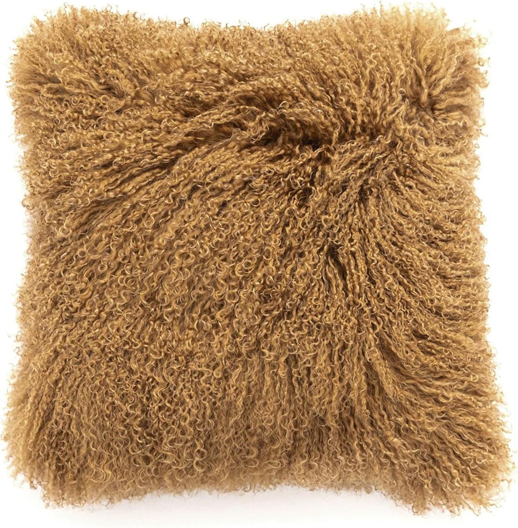 Mongolian Lamb Fur Throw Pillow Cover Real Fur Sheepskin Throw Square Cushion Fluffy Curly Wool Soft for Living Rooms Khaki 20X20in