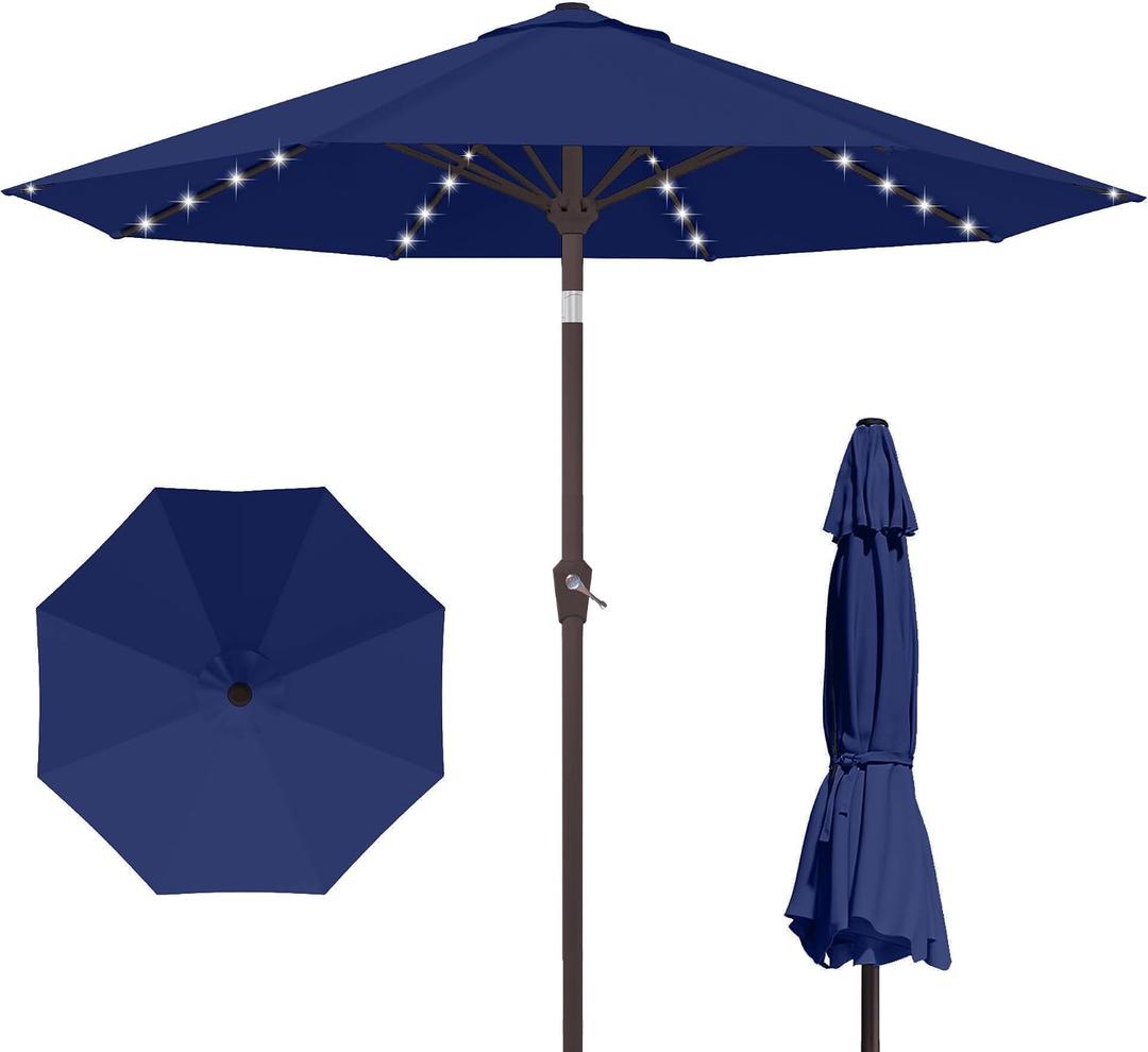 Kingdura 10FT Outdoor Patio Umbrella with Solar Lights, Market Table Umbrella with Push Button Tilt & Crank, 8 Sturdy Ribs, 32 LED Lights, UV Protection for Garden Lawn Deck Backyard Pool (Navy blue)