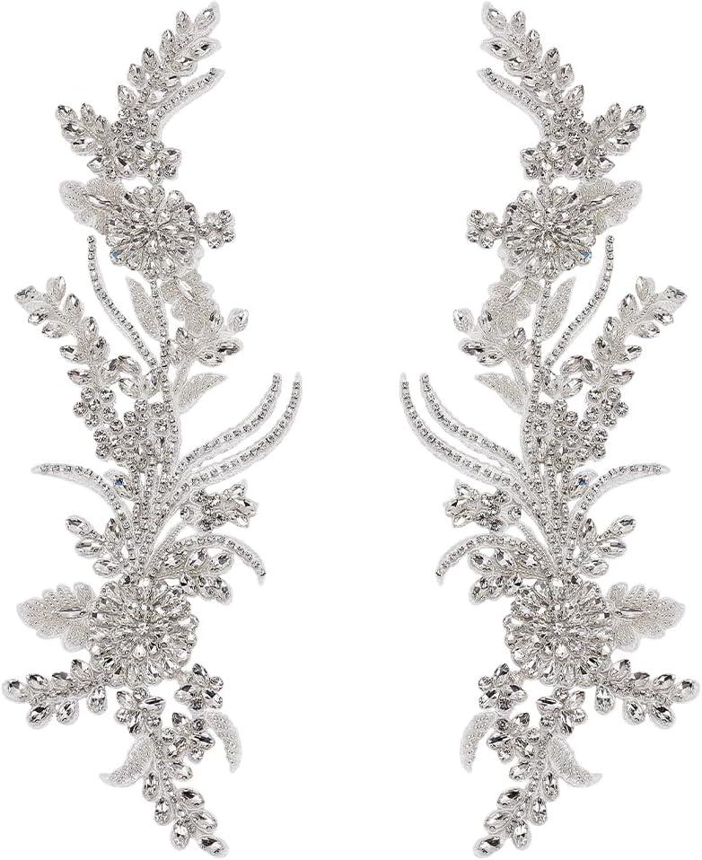 FINGERINSPIRE 1 Pair Rhinestones Lace Applique, 13x4.3x0.2 Inch White Handmade Floral Embroidery Beaded Lace Rhinestone Patch Sewing Beaded Applique for DIY Clothing and Craft Decoration