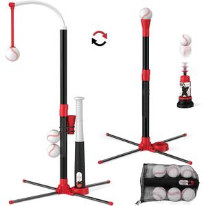 3-in-1 T Ball Set - Adjustable Height, Hanging Tee Ball Set with Automatic Pitching Machine/6 Balls/Retractable Bat, TBall Stand Suit for Outdoor, Sport Toys Gifts for Kids Boys Age 3+