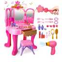 Toddler Vanity Magic Makeup Set Table & Chair Girl Toy Automatically Mirror with Music Light Pink Toys for 2 3 4 Year Old Girl Hair Salon Pretend Play Princess Dress Up Playset Valentine Gift age 3-5