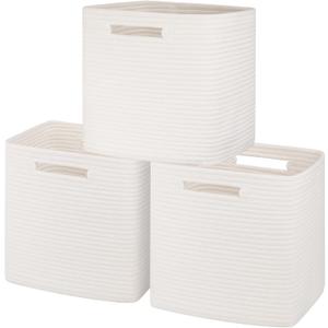 Storage Cubes 11 Inch Cotton Rope Woven Baskets for Organizing, 3-Pack Cube Storage Bin | Square Baskets for Shleves, Closet, Baby Nursery Bins, White Storage Cubes 11 Inch Cotton Rope Woven Baskets for Organizing, 3-Pack Cube Storage Bin | Square Baskets for Shleves, Closet, Baby Nursery Bins, White