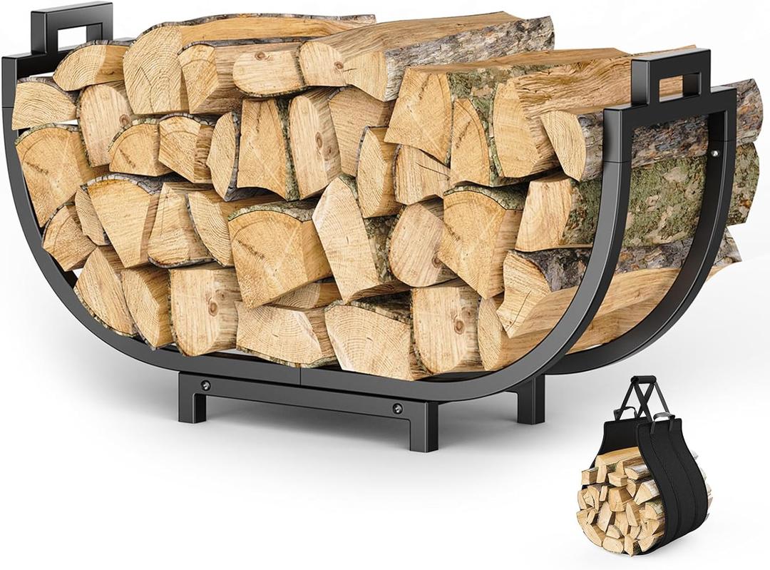 Elbourn Firewood Rack, 24 Inch Indoor Fireplace Log Holder with Carrier, Thickened Metal Rustproof Wood Storage Rack (Black)