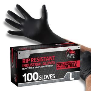 Venom Steel Industrial Nitrile Gloves, Chemical Resistant Disposable Black Gloves, Latex-Free, Powder-Free, Textured Grip, Heavy Duty Two-Layer Protection, 6 mil, Large, 100 Count (L)
