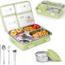 SAYAPE Stainless Steel Adult Lunch Box, 28.7oz 4-Compartment Metal Bento Box Kids Snack Containers with 5oz Soup/Condiment Cup, Food Storage Containers with Utensils and Cleaning Brush Set - Green