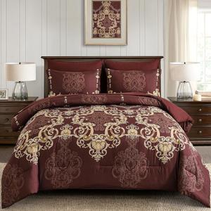 Mybedsoul 7 Pieces Burgundy Comforter Set King Size, Damask Bed in a Bag for King Bed, Lightweight Microfiber Boho Bedding Sets with Comforter, Sheet, Pillowcases & Shams for All Season(90"x104")