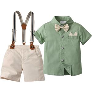 Baby Boys Shorts Sets,Infant Shirt + Shorts + Bow Tie + Suspenders,Toddler Summer Gentleman Outfits (2-3T, Grey+green)