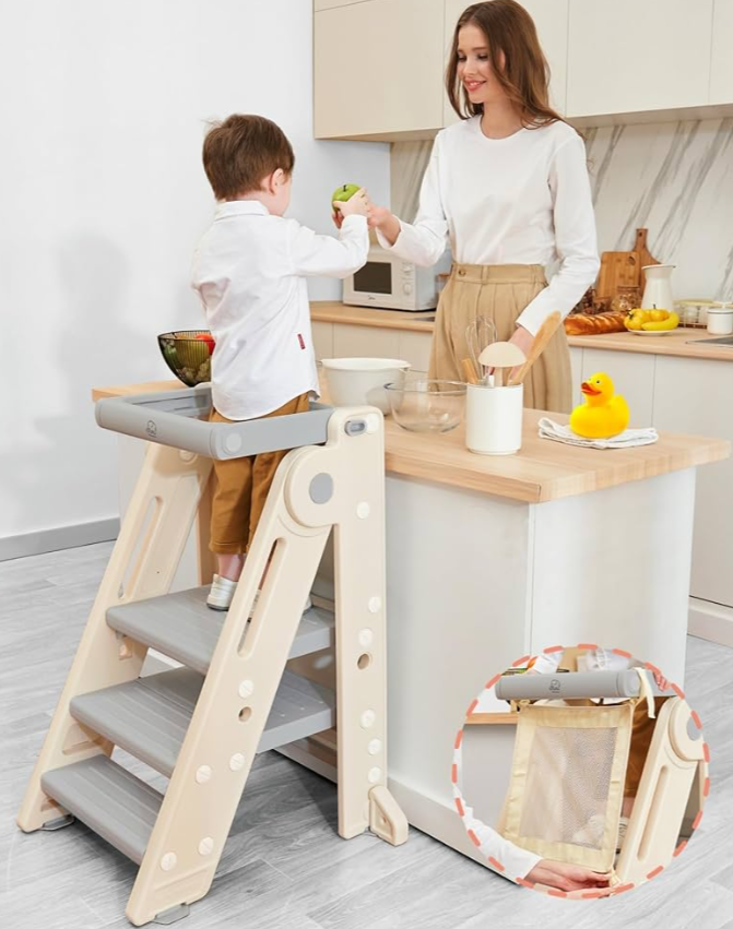 hoopyosms Foldable Toddler Tower Kitchen Step Stool for Sink Kids Adjustable Height Standing Tower for Children Montessori Learning Helper with Handles for Bathroom, Green