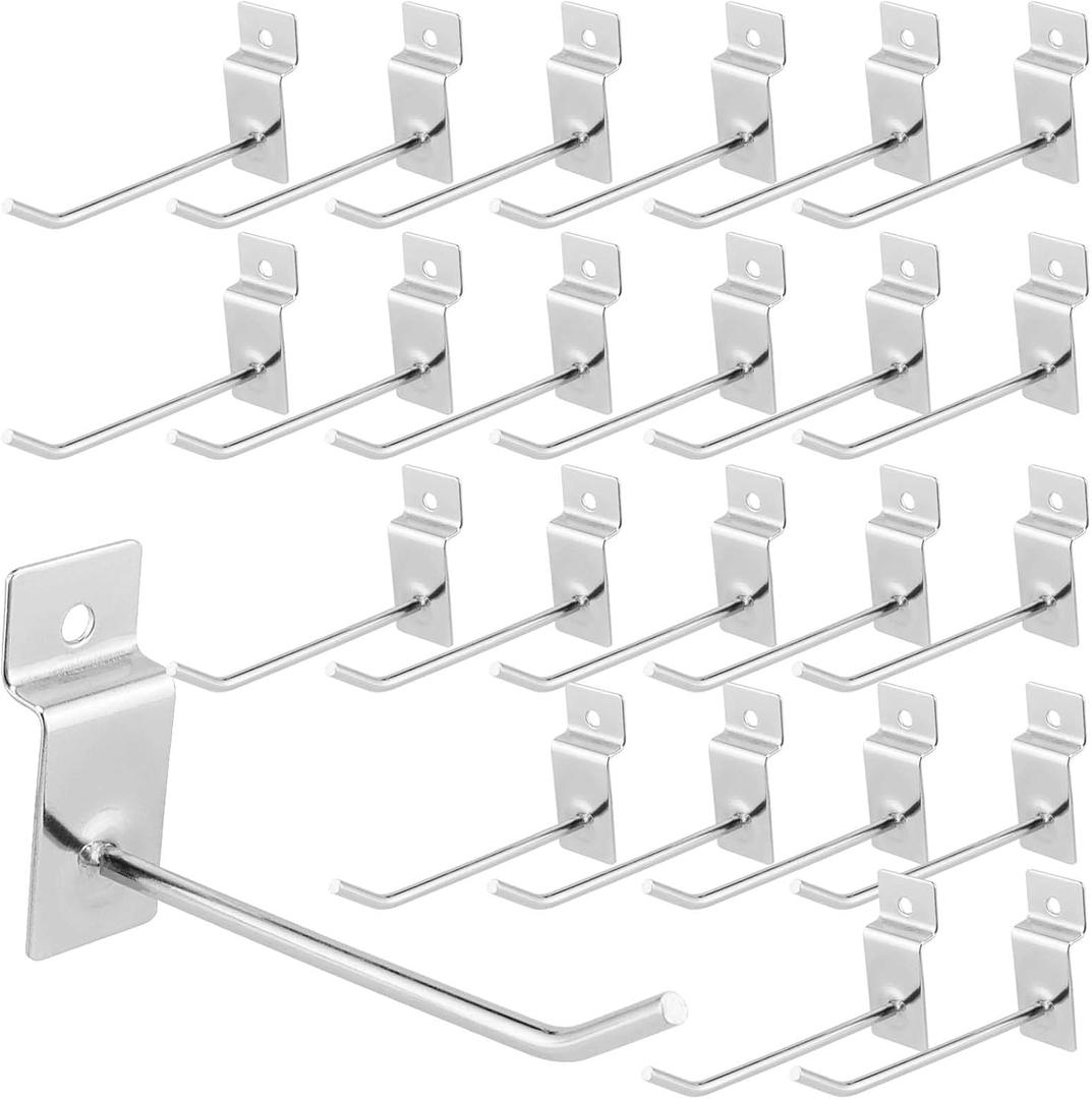 JAPCHET 200 Pack 4 Inch Heavy Duty Silver Metal Slatwall Hooks Hangers, Slat Board Hooks Accessories, Organization Display