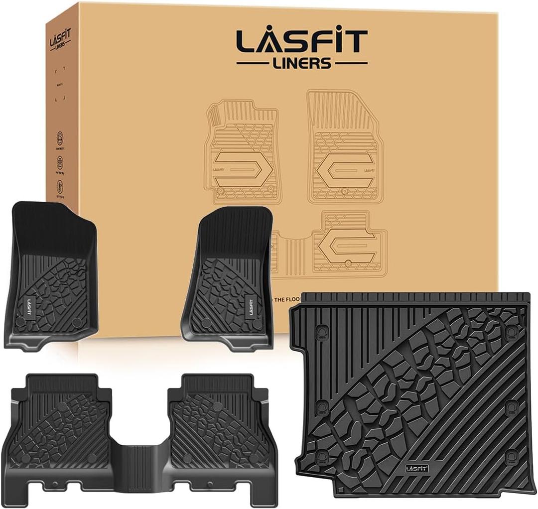 LASFIT Floor Mats & Trunk Mat for Jeep Wrangler JL 2018-2025 2026 4 Door Cargo with SUBWOOFER, All Weather TPE Custom Cargo Mat Fit for Flat Load Floor Gas Type (Not for JK/Not PHEV/Not 2-Door)
