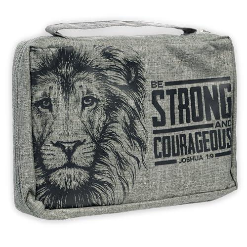 Christian Art Gifts Value Poly-Canvas Bible Cover for Men & Women: Strong & Courageous Bold Lion - Joshua 1:9 Inspirational Scripture w/Pocket, Sleeves, Pen Loops to Organize Accessories, Gray, Large