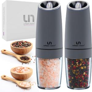 Urban Noon Gravity Salt and Pepper Grinder Set - Battery Operated Electric Grinders with Light (2 Matte Gray Mills) - Automatic One Handed Operation - Electronic Adjustable Shakers - Ceramic Grinders