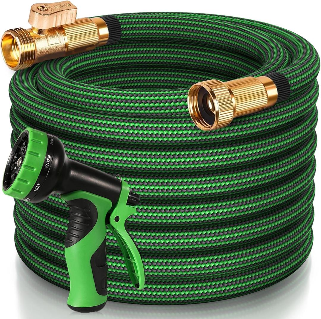 50 FT Garden Hose, 2025 New Flexible Water Hose 50FT with Leakproof Solid Brass Fittings, Reinforced Extra Strong Outer Fabric & Durable 3-layer Inner Core, Ultra Lightweight, No Kink, No Tangle (Black Green)